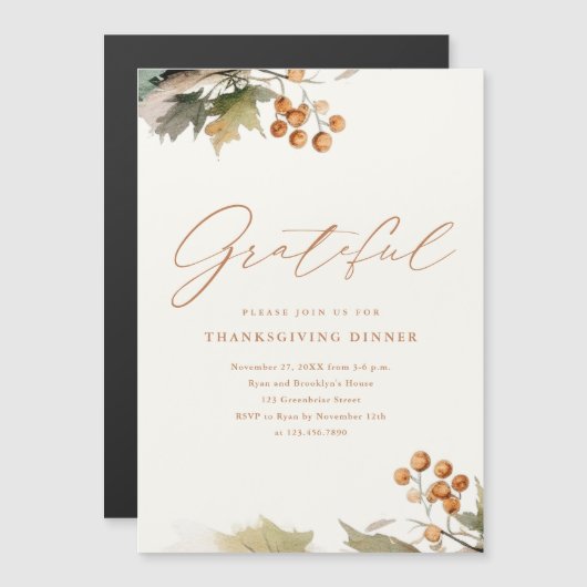 Rustieke Thanksgiving Diner groen bladeren bladere Magnetische Uitnodiging (Voorkant / Achterkant)