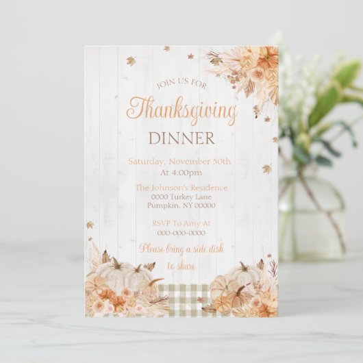 Rustieke Thanksgiving Dinner Party Invitation Kaart (Staand voorkant)