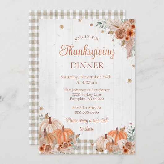 Rustieke Thanksgiving Dinner Party Invitation Kaart (Voorkant / Achterkant)
