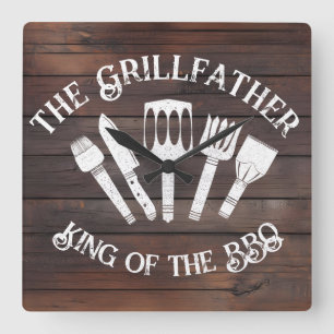 Rustieke "The Grillfather: Funny BBQ Gift Vierkante Klok