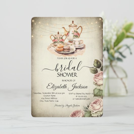 Rustieke theeset, String Lights, Rozen Vrijgezelle Kaart (Staand voorkant)