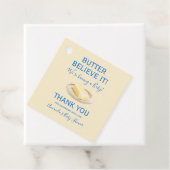Rustieke thema boter geel blauwe baby shower bedankjes labels (In situ)