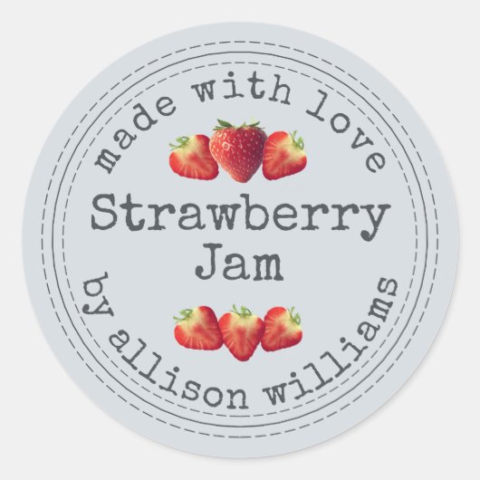 Rustieke Thuisgemaakte Aardbeienjam Pastelblauw Ronde Sticker (Voorkant)