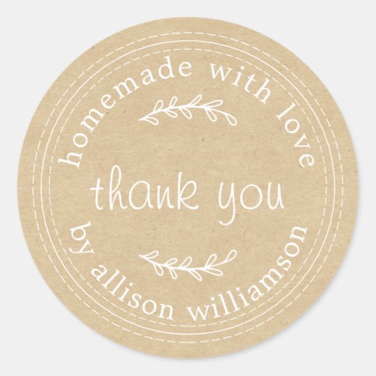 Rustieke Thuisgemaakte Met Liefde Kraft Papier Bed Ronde Sticker (Voorkant)