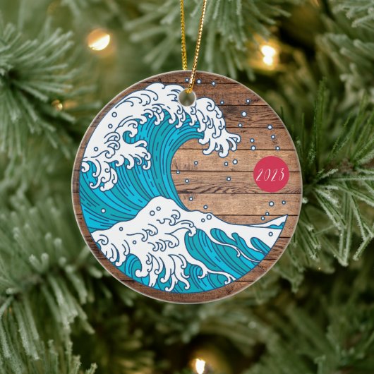 Rustieke titel Wave and Sun - aangepaste jaarnaam Keramisch Ornament (Boom)