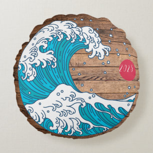 Rustieke titel Wave and Sun - aangepaste jaarnaam Rond Kussen