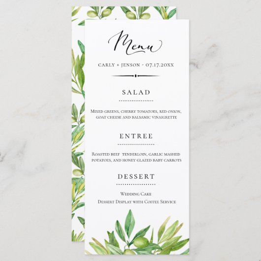 Rustieke Toscaanse Olijftak Bruiloft Menu (Voorkant / Achterkant)