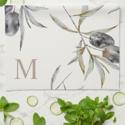 Rustieke Toscaanse Waterverf Olijftak Monogram Theedoek (Gevouwen)