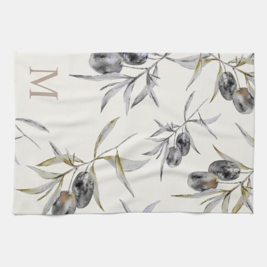 Rustieke Toscaanse Waterverf Olijftak Monogram Theedoek (Horizontaal)