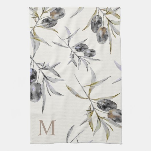 Rustieke Toscaanse Waterverf Olijftak Monogram Theedoek (Verticaal)