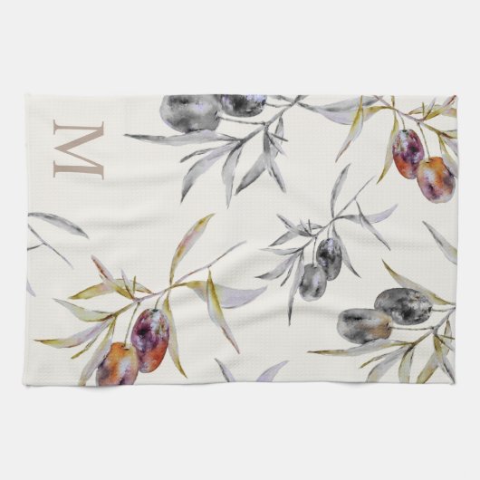 Rustieke Toscaanse Waterverf Olijftak Monogram Theedoek (Horizontaal)