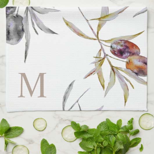 Rustieke Toscaanse Waterverf Olijftak Monogram Theedoek (Gevouwen)