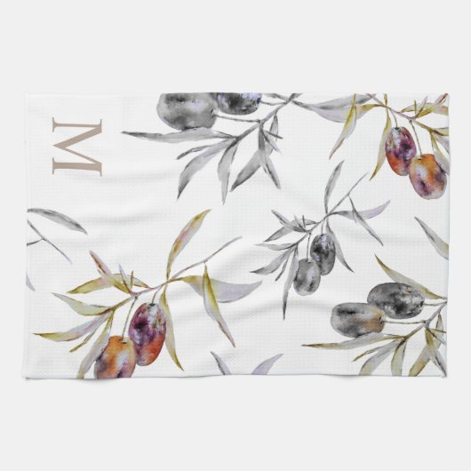 Rustieke Toscaanse Waterverf Olijftak Monogram Theedoek (Horizontaal)
