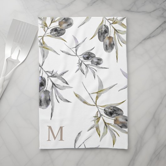 Rustieke Toscaanse Waterverf Olijftak Monogram Theedoek