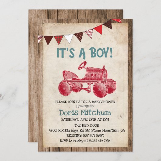 Rustieke  Tractor Boy Baby shower Invitation Kaart (Voorkant / Achterkant)