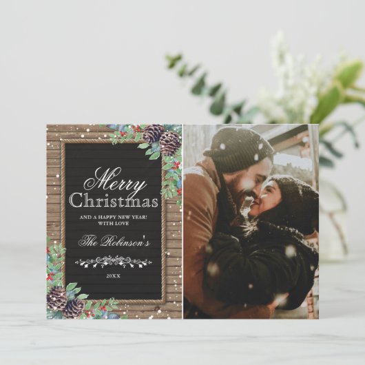Rustieke traditionele kerstvakantie foto feestdagenkaart (Staand voorkant)