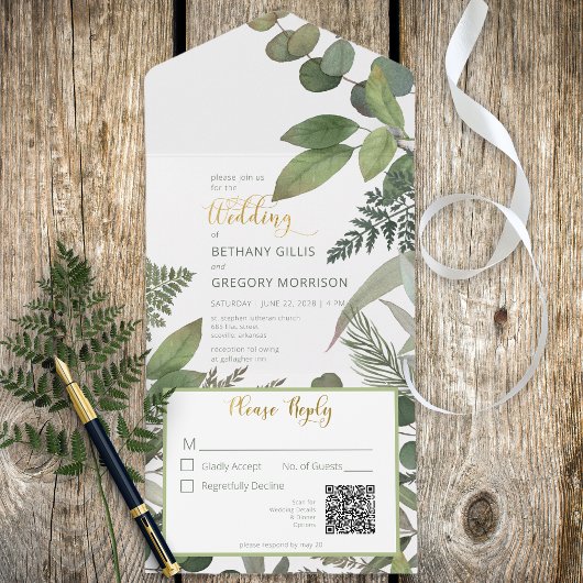Rustieke Tropische Groene Bladeren & Eucalyptus QR All In One Uitnodiging