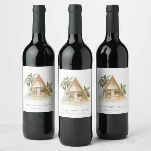 Rustieke Tropische Palm Beach Hut Bruidsdouche Wijn Etiket (Flessen)