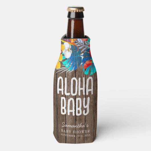 Rustieke tropische palmbladeren Aloha Baby shower  Flesjeskoeler (Fles Voorkant)