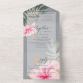 Rustieke Tropische Roze Hibiscus Bloemige Bruiloft All In One Uitnodiging (Binnen)