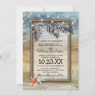 Rustieke Tropische Strand Zeester Lichten Bruiloft Kaart