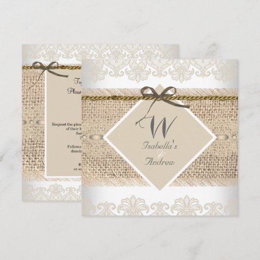 Rustieke Trouw Beige kant Jute Wit Kaart (Voorkant / Achterkant)