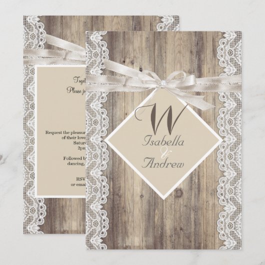 Rustieke Trouw Beige Witte Kant Hout Kaart (Voorkant / Achterkant)
