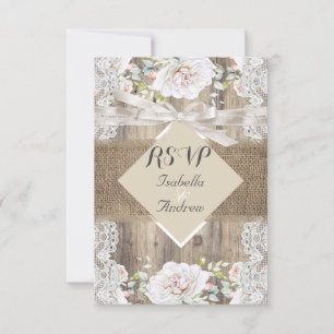 Rustieke Trouw Beige Witte Rozen Houten RSVP Kaartje
