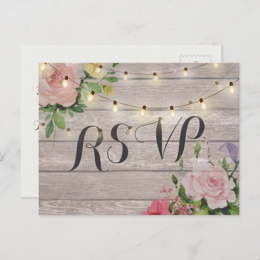 Rustieke Trouw Bloemige Houten Snaar Licht RSVP An Uitnodiging Briefkaart (Voorkant / Achterkant)