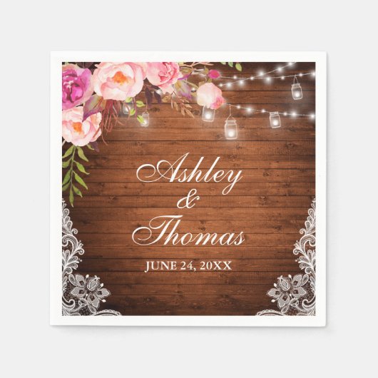 Rustieke Trouw Houten Pot Lichten Roze Bloemslinge Servet (Voorkant)