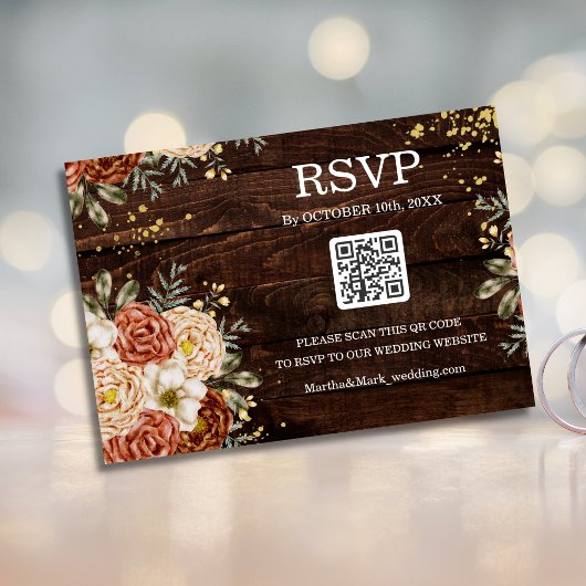 Rustieke Trouwdag Hout Bloem QR Code Reservering Kaart