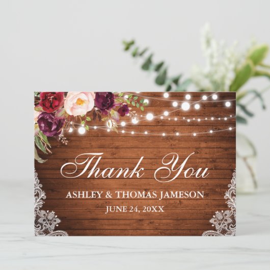 Rustieke Trouwdag Houten Bloem Licht Sluiers Bedan Bedankkaart (Staand voorkant)