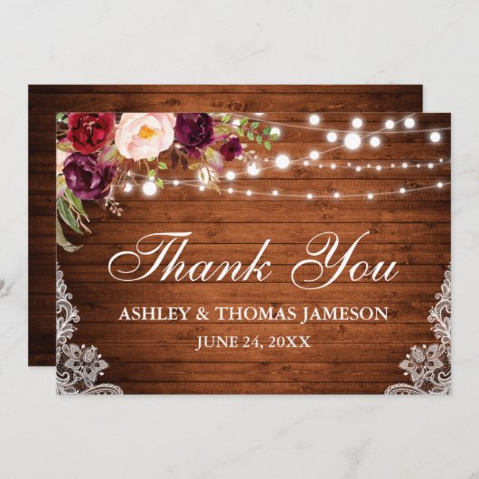 Rustieke Trouwdag Houten Bloem Licht Sluiers Bedan Bedankkaart (Voorkant / Achterkant)