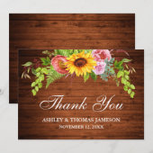 Rustieke Trouwdag Houten Zonnebloem Bloemstuk Bedankkaart (Voorkant / Achterkant)