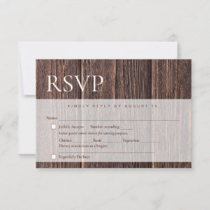 Rustieke trouwdag maaltijd keuzes donker Hout RSVP Kaartje