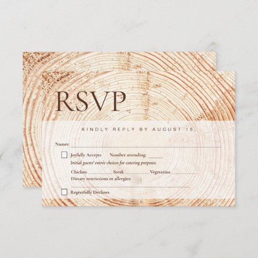 Rustieke Trouwmaaltijd keuzes Houten boomschors RSVP Kaartje (Voorkant / Achterkant)