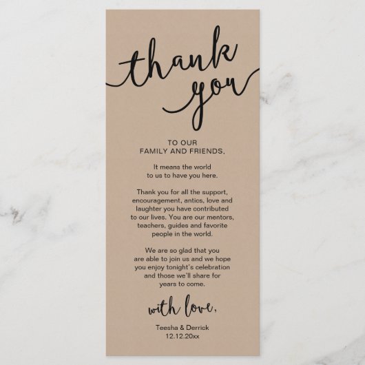 Rustieke Trouwplaats Instelling Diner Dankjewel Ka Programmakaart (Voorkant)