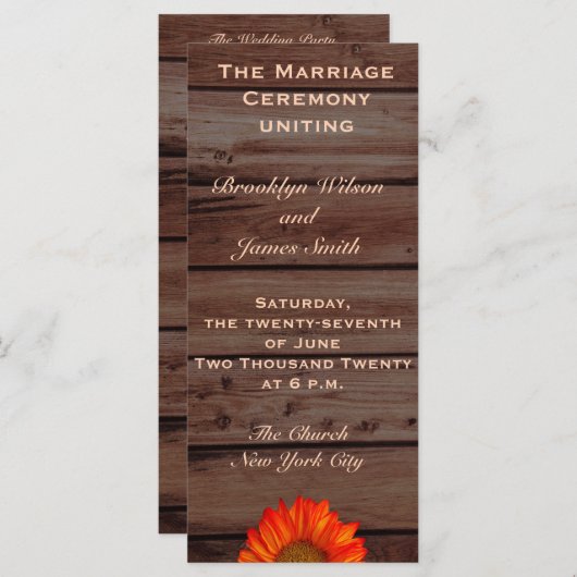 Rustieke trouwprogramma's met zonnebloem programmakaart (Voorkant / Achterkant)