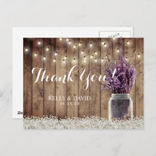 Rustieke Trouwstring Light Lavendel Jar Bedankt Briefkaart (Voorkant / Achterkant)