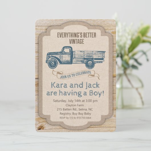 Rustieke Truck Boy Baby shower Uitnodiging (Staand voorkant)