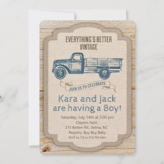 Rustieke Truck Boy Baby shower Uitnodiging (Voorkant)