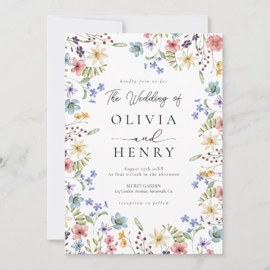 Rustieke tuin botanische wilde bloem bruiloft kaart (Voorkant)