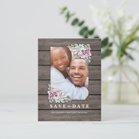Rustieke Tuin Succulent Bloemenfoto Save the Date Aankondigingskaart (Staand voorkant)