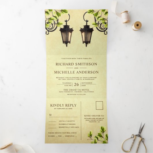  rustieke tuinlampen alles in één bruiloft drieluik uitnodiging (Binnen)