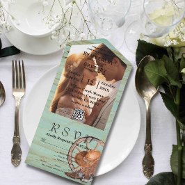 Rustieke turkoois verweerd hout QR code foto All In One Uitnodiging