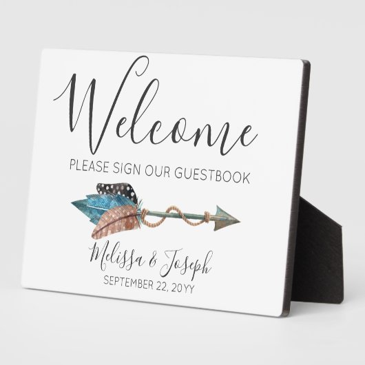 Rustieke Turquoise Boho Pijl Welkom Guestbook Bord Fotoplaat (Zijkant)