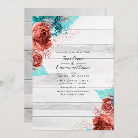 Rustieke Turquoise en Coral Floral Wedding Kaart (Voorkant / Achterkant)