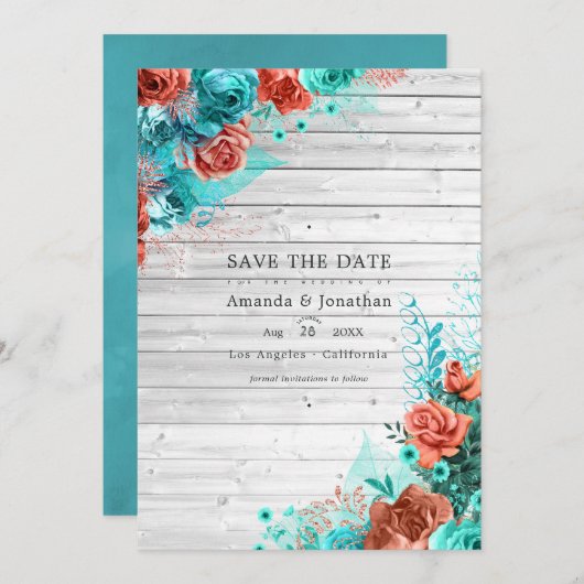 Rustieke Turquoise en Koraal Rustieke Bloemige Tro Save The Date (Voorkant / Achterkant)