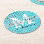 Rustieke Turquoise Hout Landelijke Trouw Monogram Ronde Kartonnen Onderzetter (Gebogen)