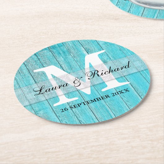 Rustieke Turquoise Hout Landelijke Trouw Monogram Ronde Kartonnen Onderzetter (Gebogen)